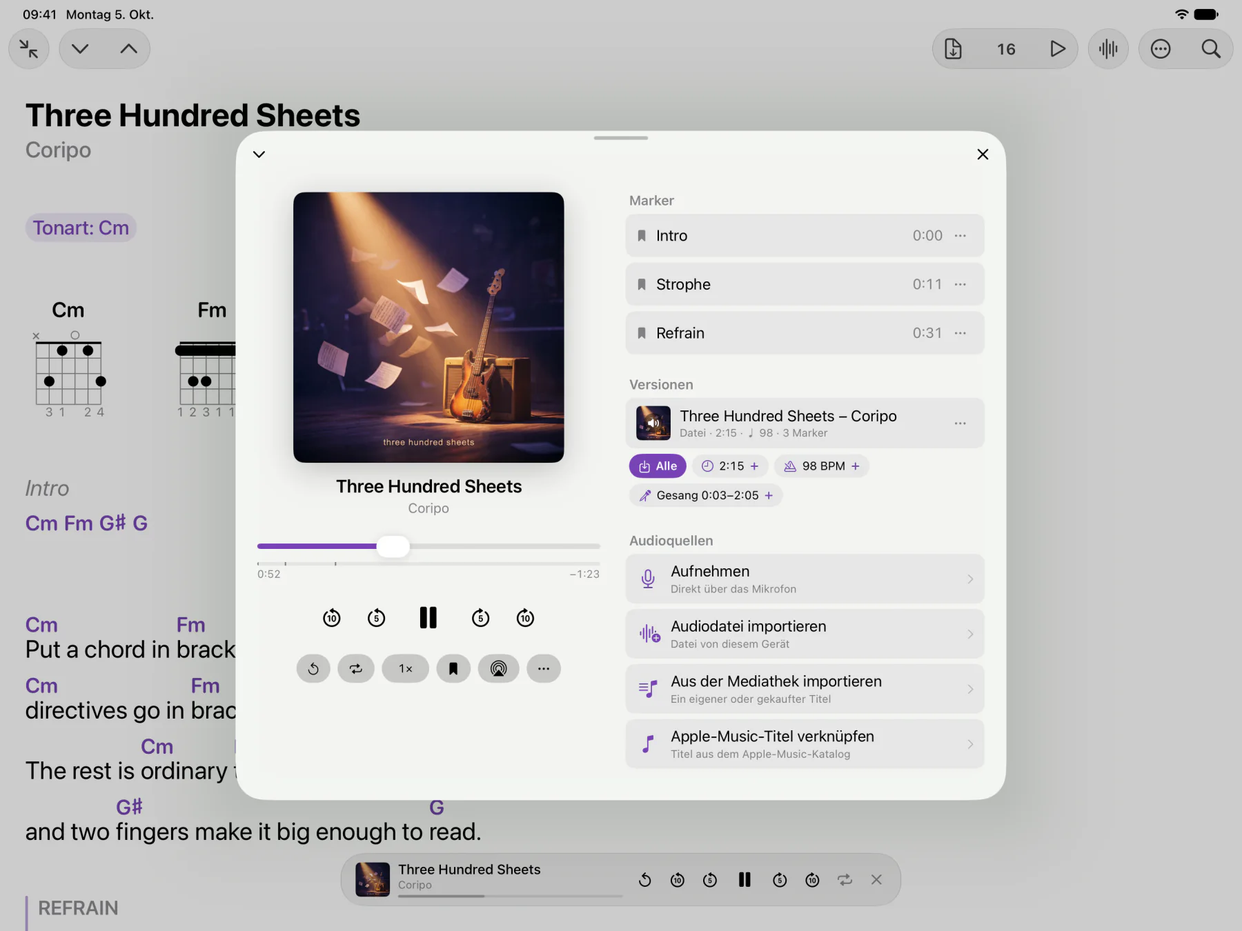 Der Player über dem Blatt: das Cover von „Three Hundred Sheets“, Marker für Intro, Strophe und Refrain, und unter der Version Länge, Tempo und Gesang, die Coripo in der Aufnahme gefunden hat