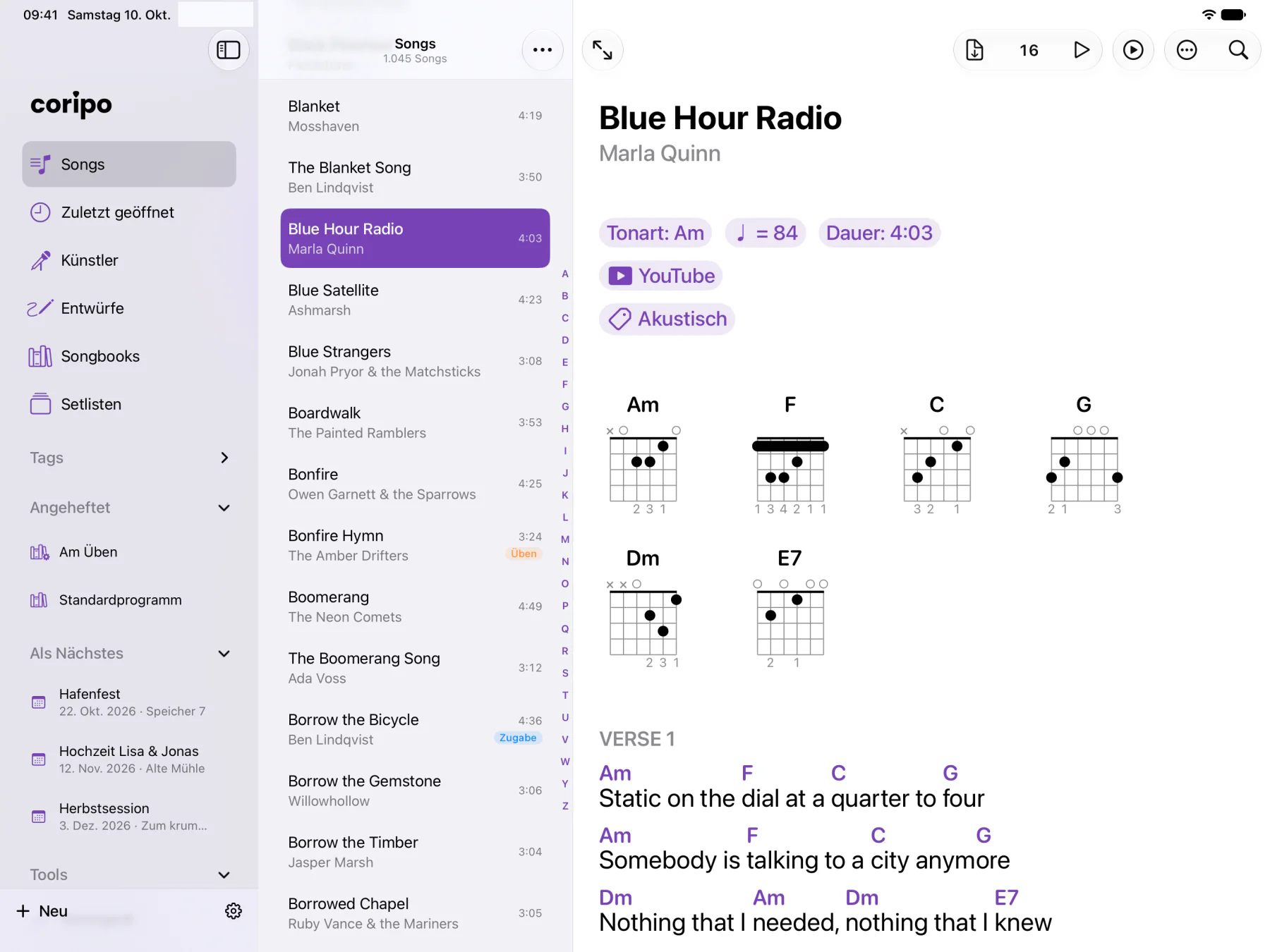 Coripo auf dem iPad: Bibliothek in der Seitenleiste, die Songliste und ein offenes Akkordblatt