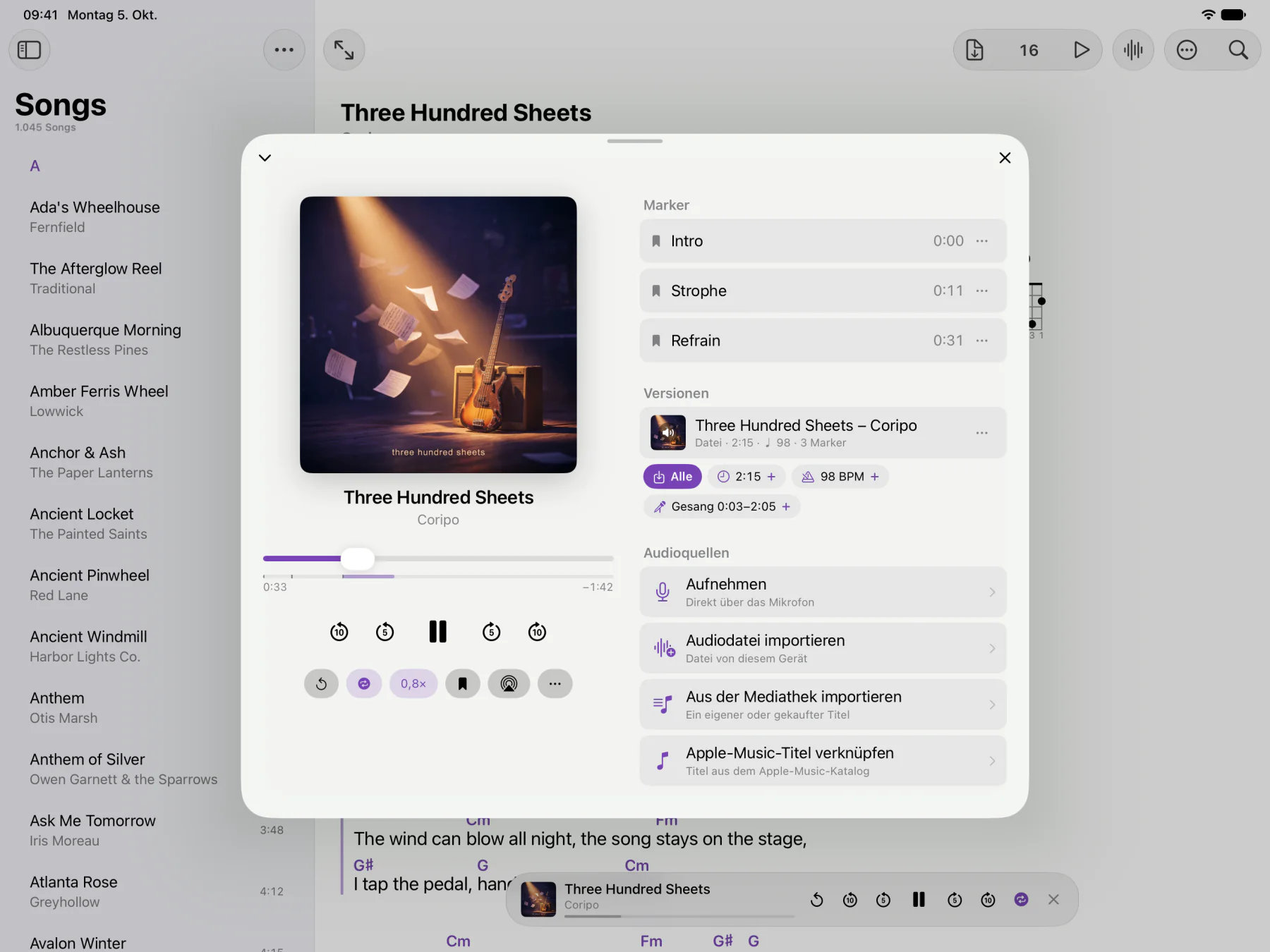 Der Player neben der Songliste: Loop über den Refrain, Tempo 0,8×, Marker für Intro, Strophe und Refrain