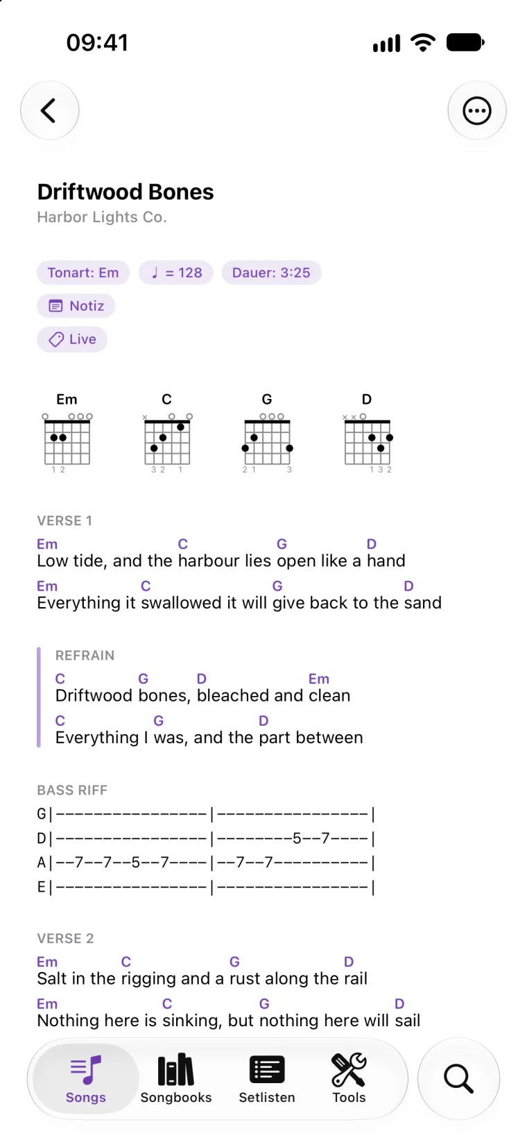 Ein Akkordblatt mit Bass-Tab auf dem iPhone