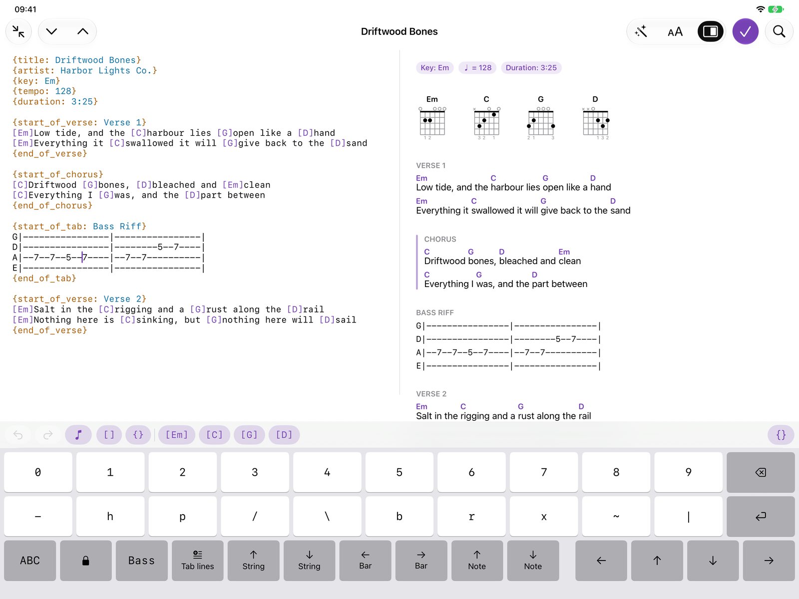 The editor with the tab keyboard: digits for frets, keys for string, bar and note, next to a preview of the bass riff