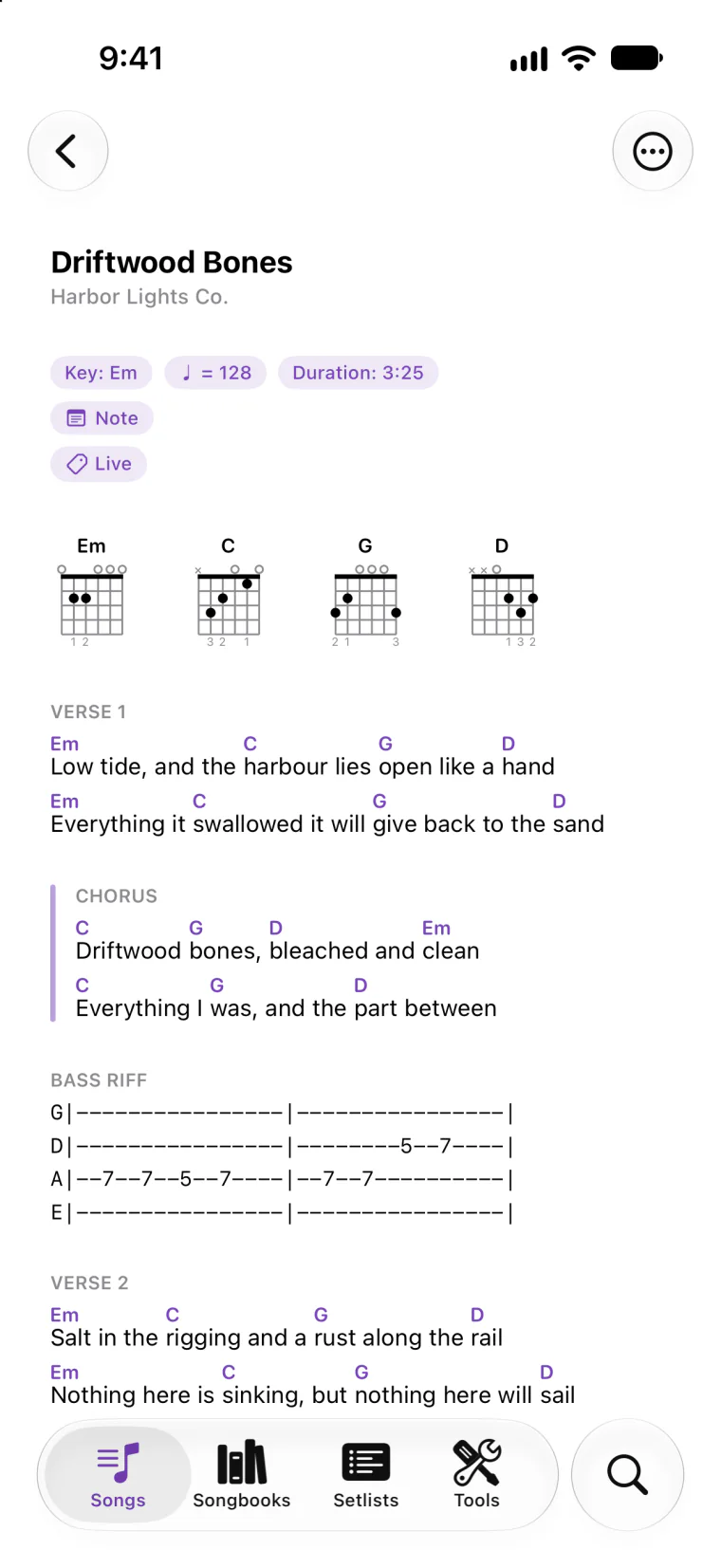 A chord sheet with a bass tab on the iPhone