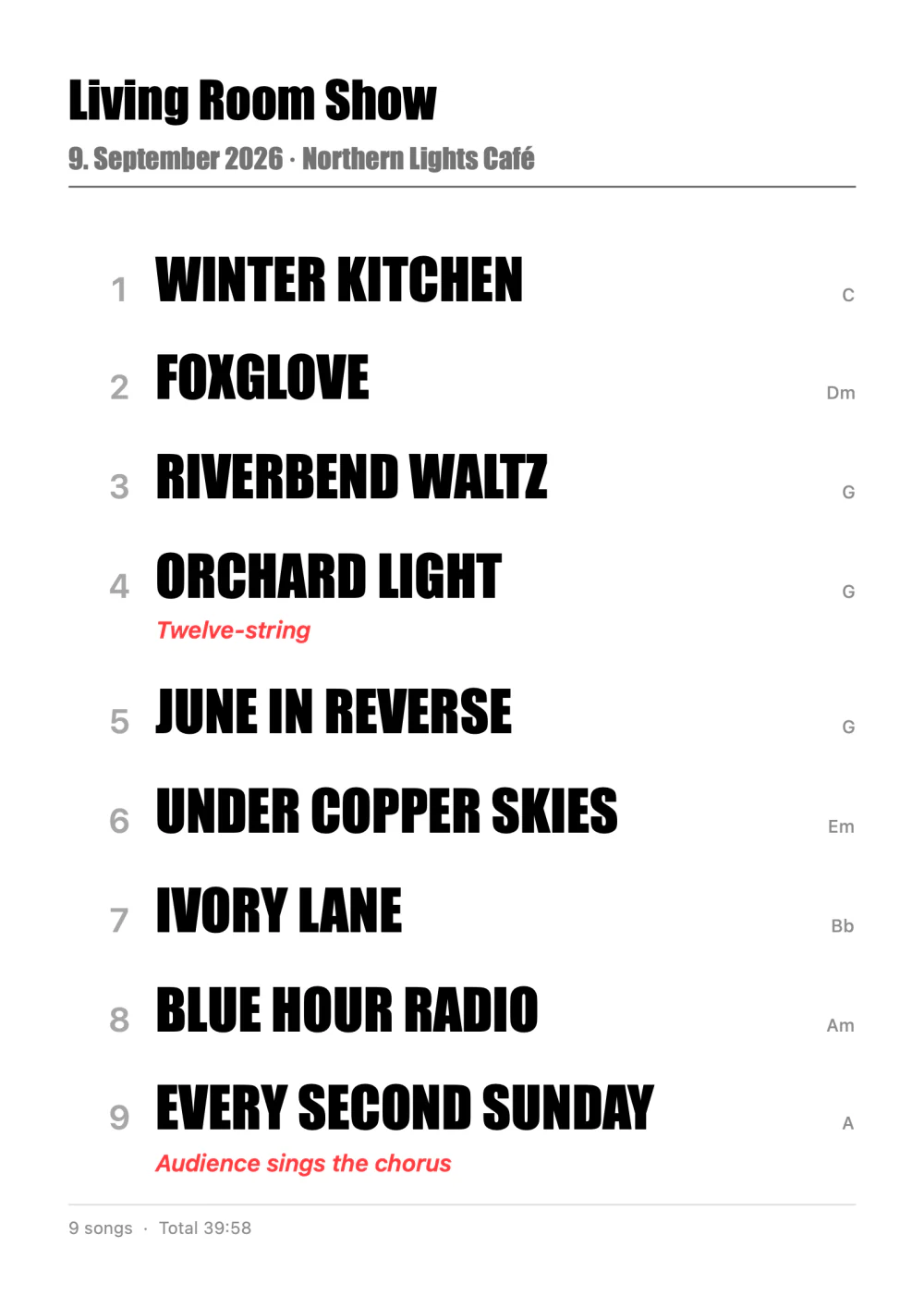 The printed setlist for the Living Room Show: nine songs in large letters, cues in red
